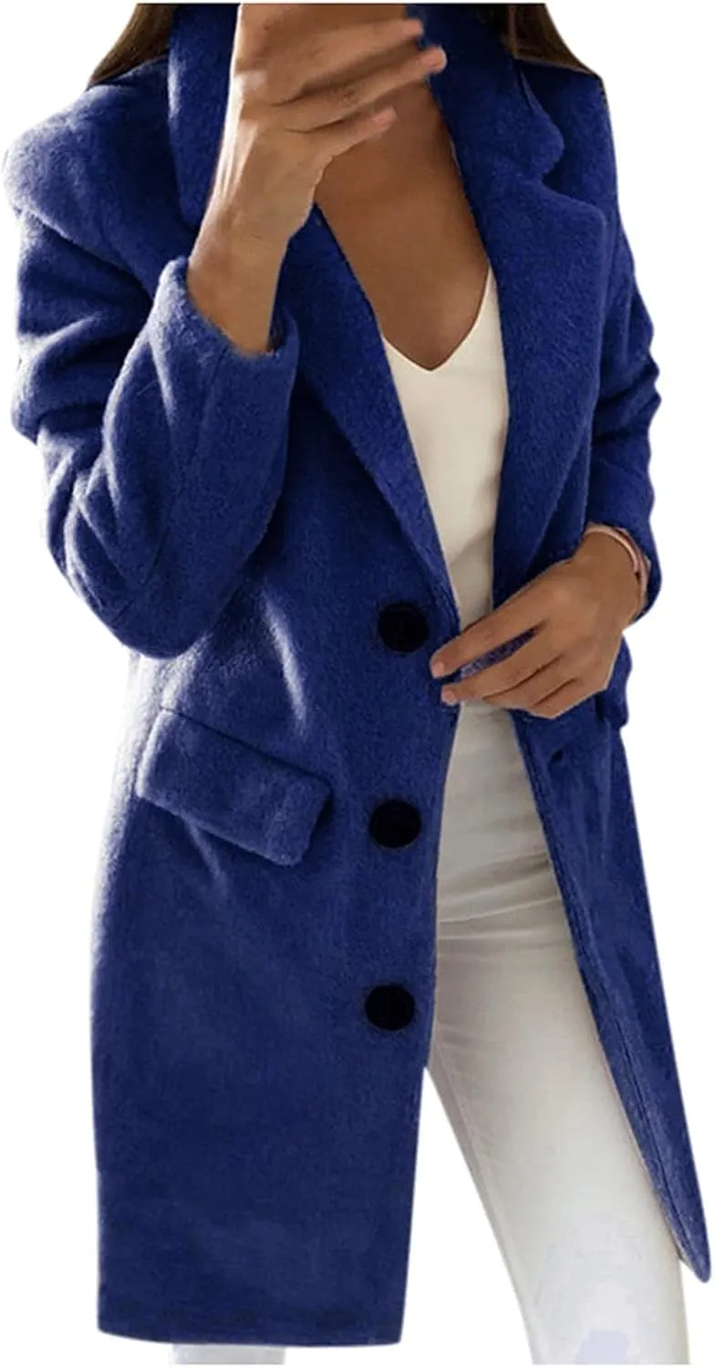 Womens Pea Coat Womens Winter Wool Coat Casual Notch Lapel Double-Breasted Peacoat Elegant Warm Thicken Trench Jacket Casual Outerwear Blue 3X-Large