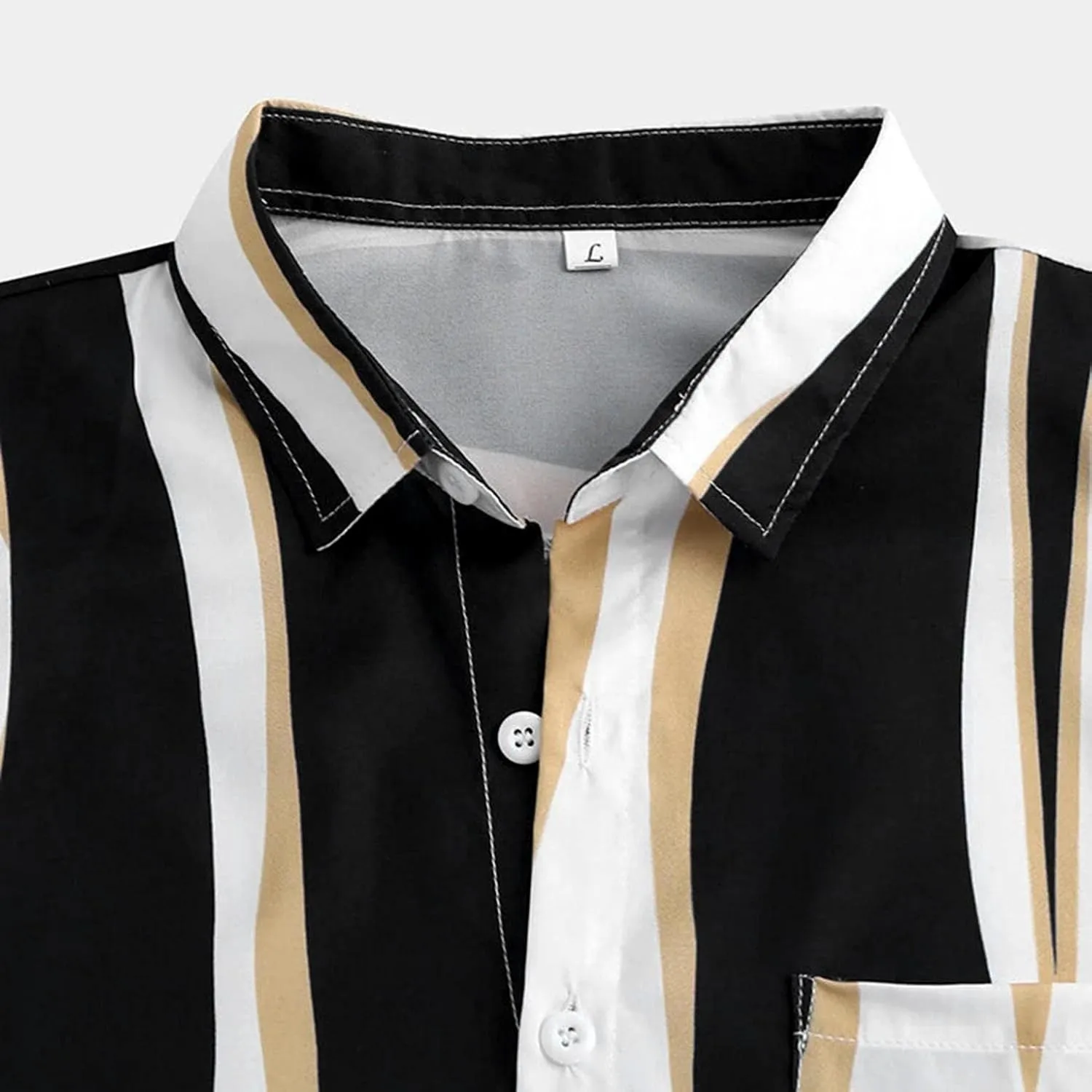 WUAI-Men Cotton Linen Striped Shirts Short Sleeve Button Down Hawaiian Tropical Shirts Vintage Casual Beach Summer Tops