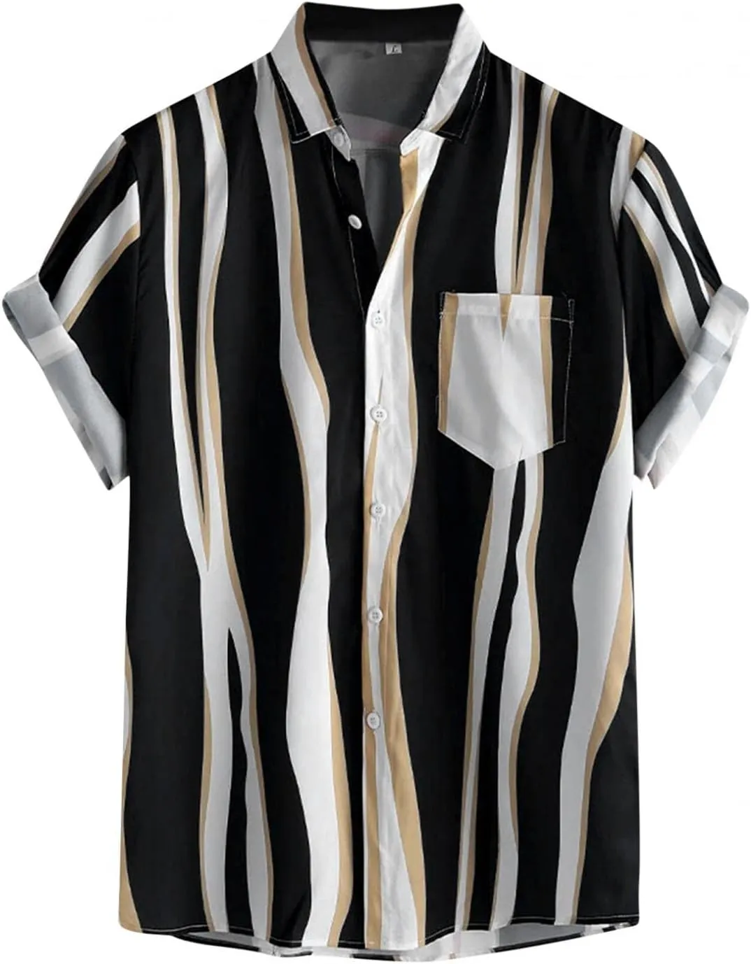 WUAI-Men Cotton Linen Striped Shirts Short Sleeve Button Down Hawaiian Tropical Shirts Vintage Casual Beach Summer Tops