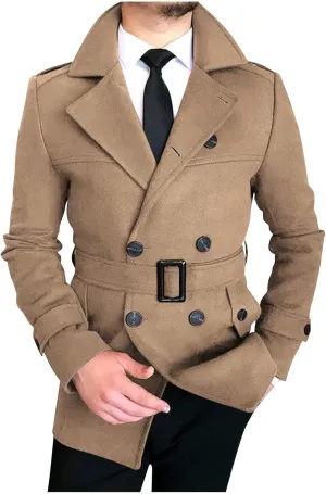 Xiaojmake Men's Double Breasted Trench Coat Notch Lapel Peacoat Mid Long Windbreaker Fall Classic Belted Wool Blend Overcoat