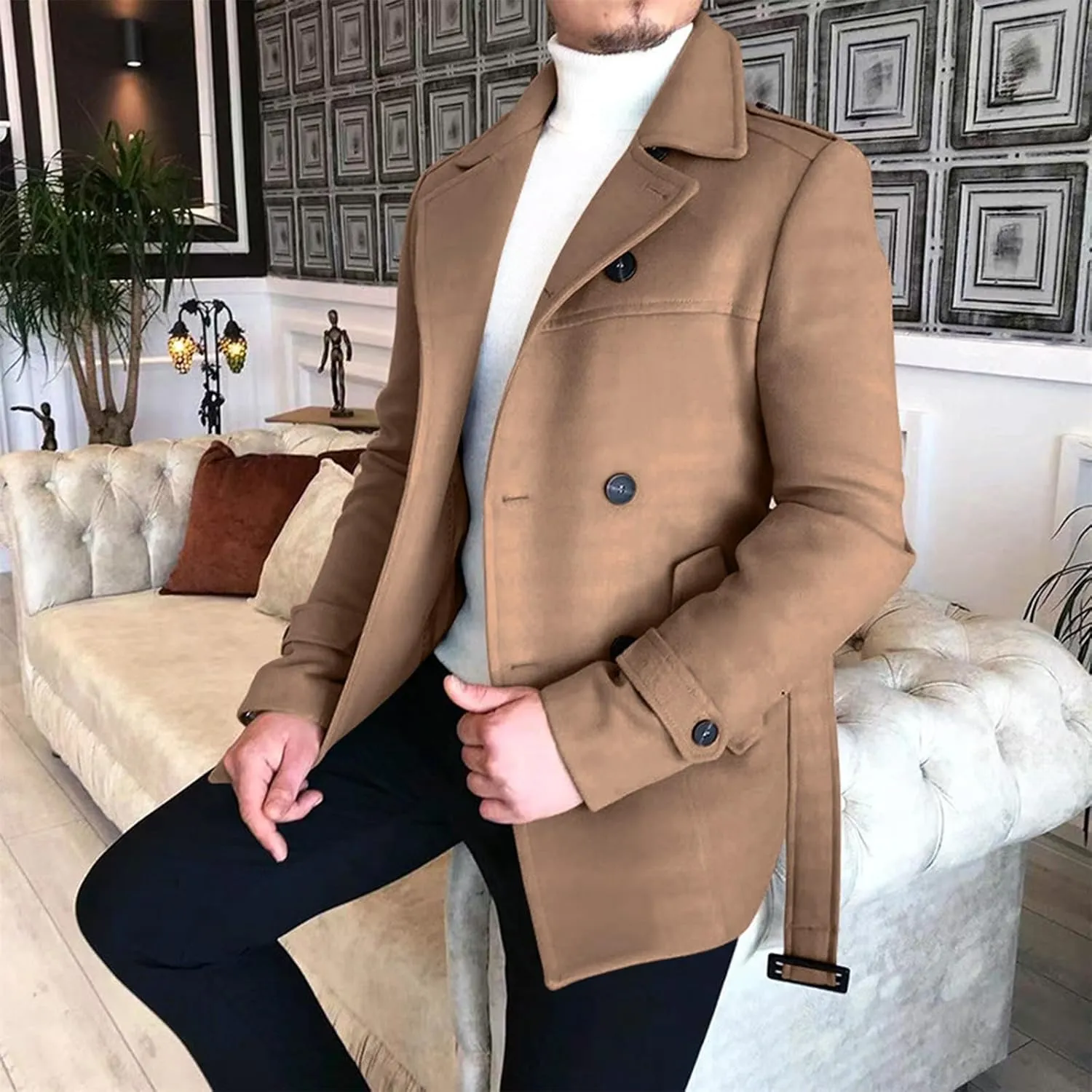 Xiaojmake Men's Double Breasted Trench Coat Notch Lapel Peacoat Mid Long Windbreaker Fall Classic Belted Wool Blend Overcoat